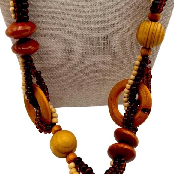 Handcrafted Wooden Beaded Necklace Set With Tribal Floral Pendant & Bracelets - Picture 8 of 15